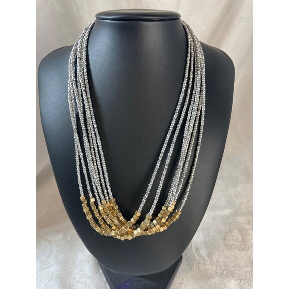 Seed Bead Gold Silver 7 Strand Waterfall Necklace Earring Set 9" Drop - Picture 6 of 6